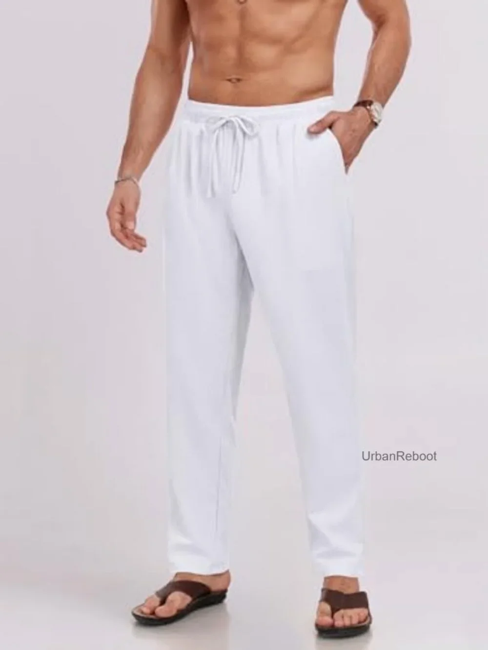 Men's Cotton Linen Casual Pants Elastic Waist Drawstring Lightweight Breathable